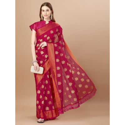 Dark Magenta Zari Work Chiffon Saree With Tassels
