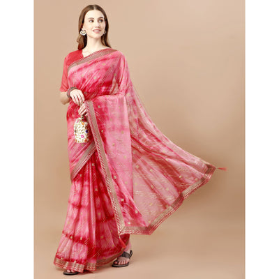 Gajari Pink Zari Work Chiffon Saree Lace Border