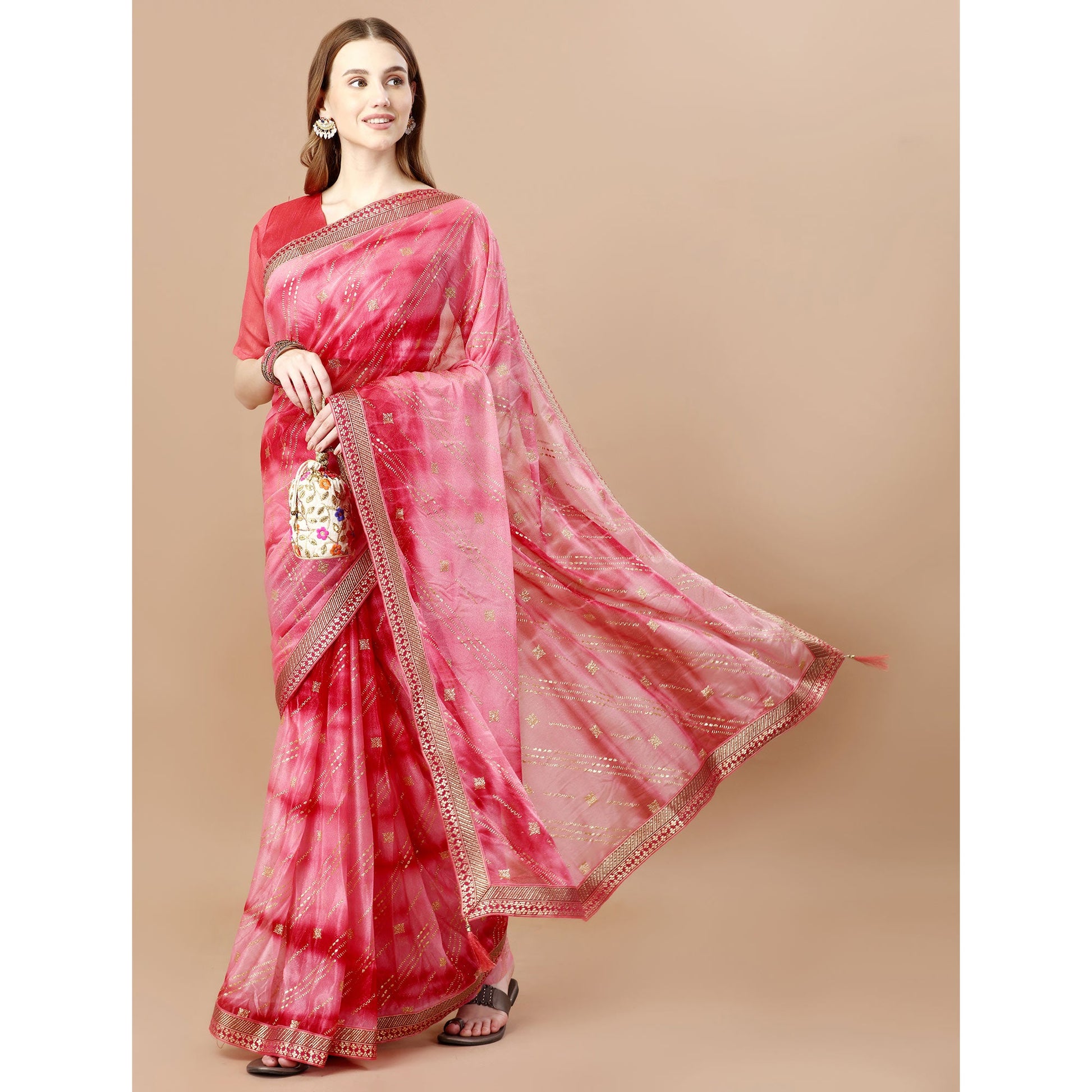 Gajari Pink Zari Work Chiffon Saree Lace Border