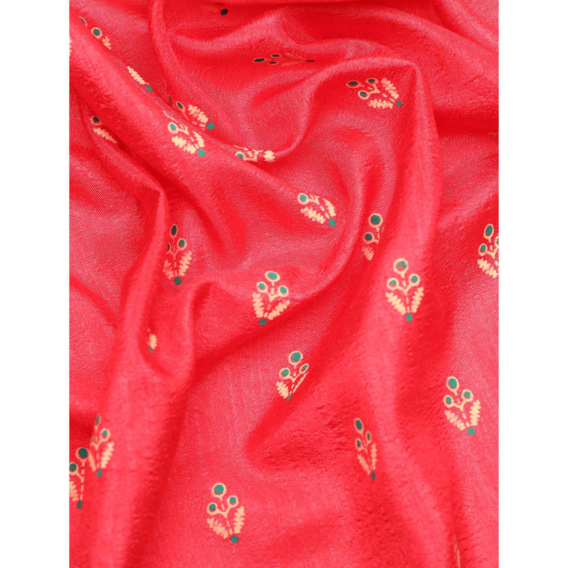 Gajri Pink Floral Printed Vichitra Silk Saree With Tassels