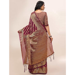 Maroon Woven Organza Saree With Tassels