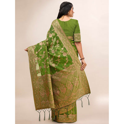 Mehendi Green Woven Organza Saree With Tassels