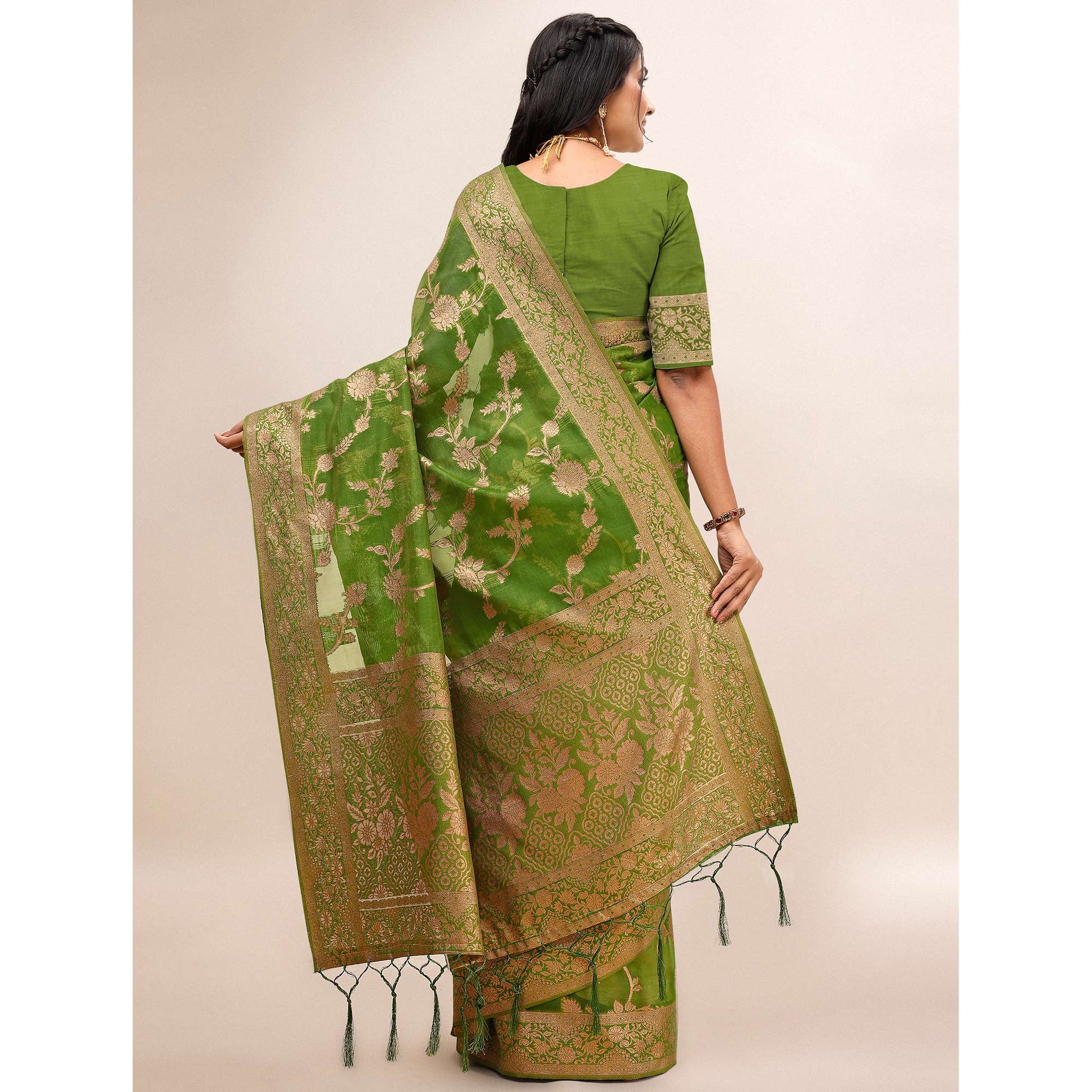 Mehendi Green Woven Organza Saree With Tassels