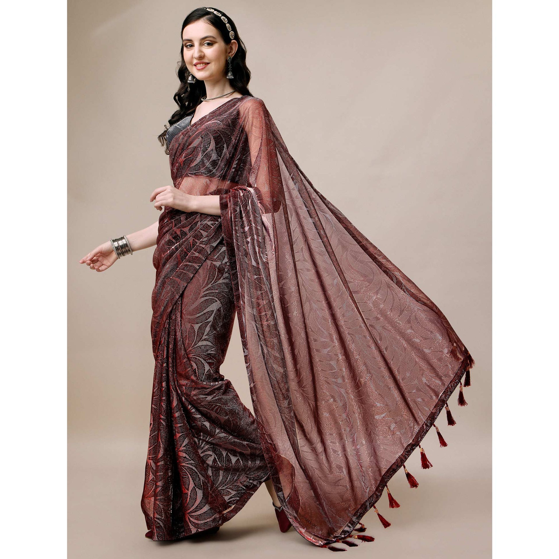 Maroon Floral Printed Rayon Saree