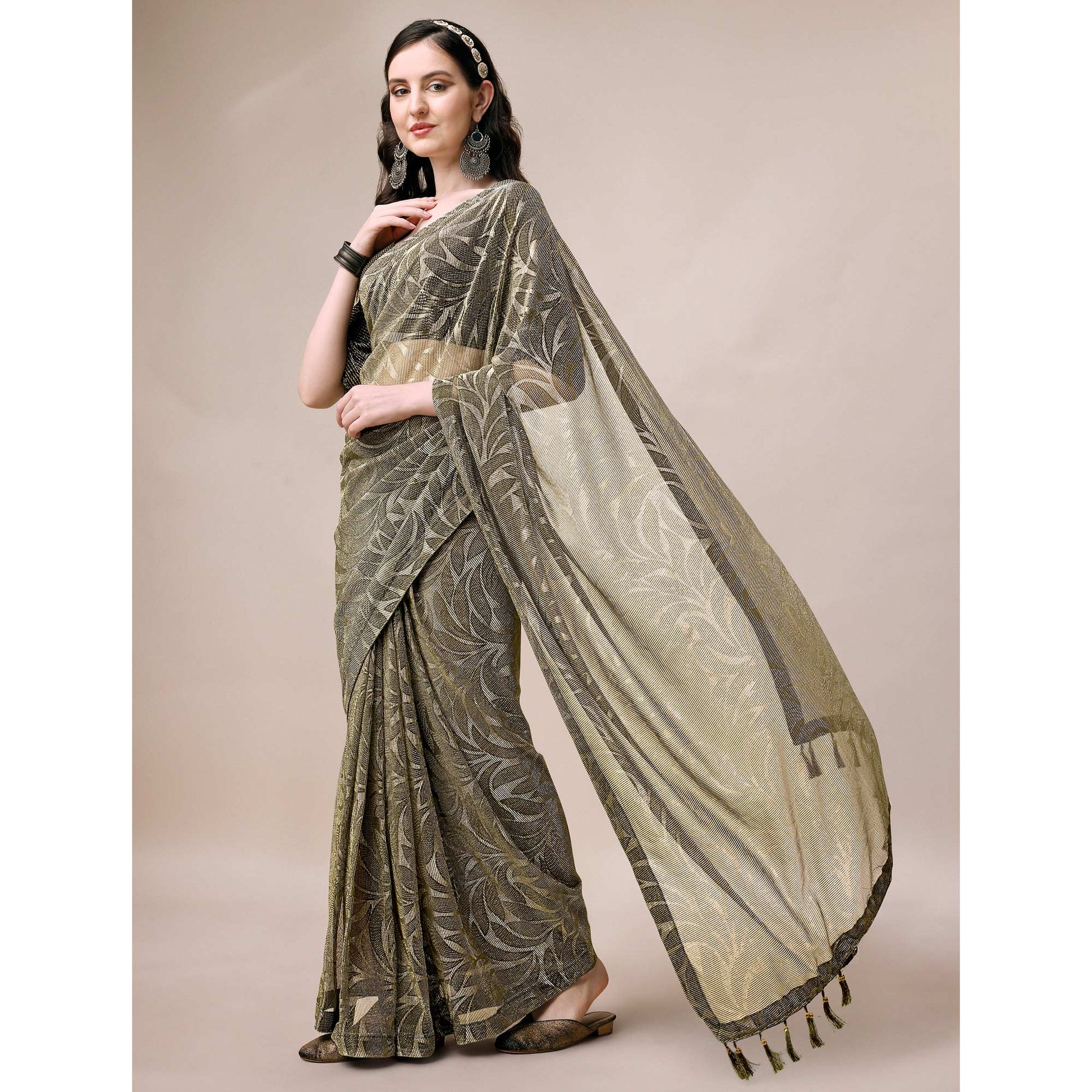 Mehendi Green Floral Printed Rayon Saree