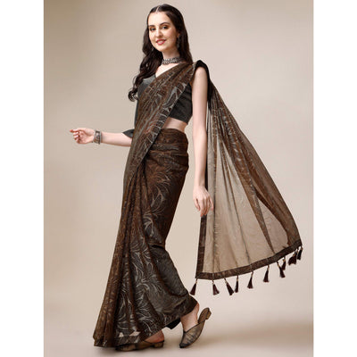 Brown Floral Printed Rayon Saree
