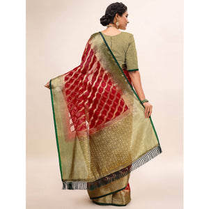 Maroon Woven Organza Saree With Tassels