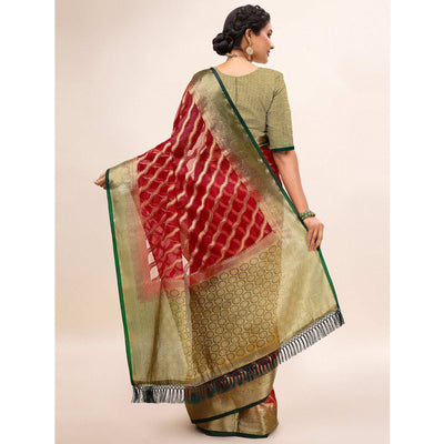 Maroon Woven Organza Saree With Tassels