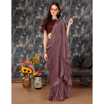 Dark Mauve Tikali With Floral Embroidered Lycra Saree