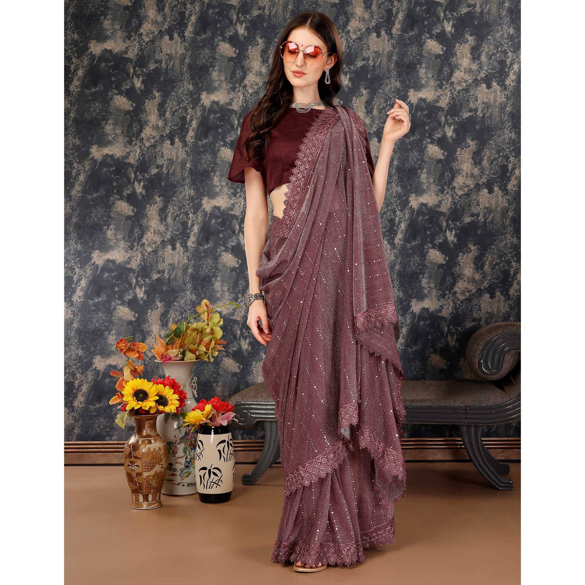 Dark Mauve Tikali With Floral Embroidered Lycra Saree