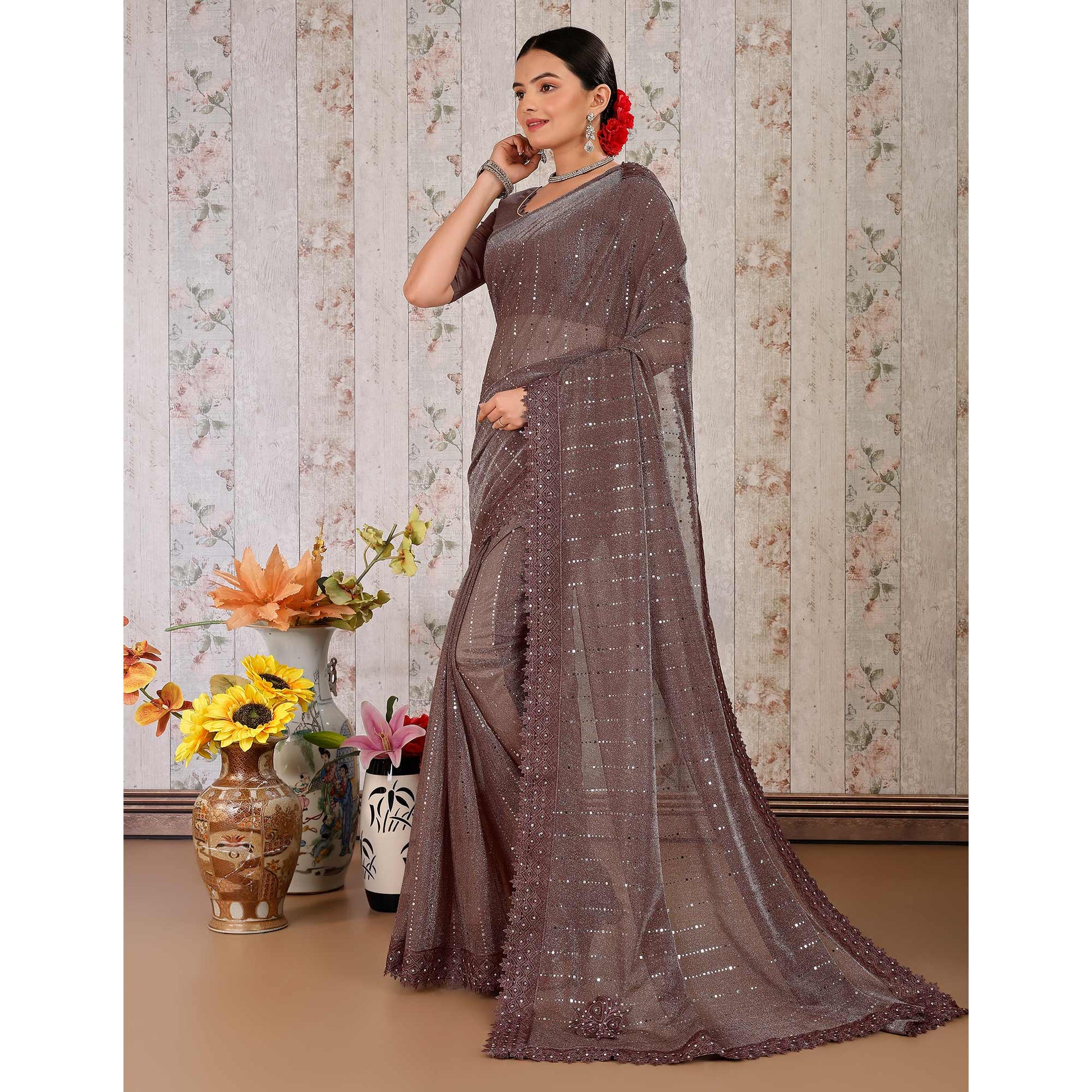 Brown Tikali With Floral Embroidered Lycra Saree