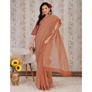 Dusty Peach Tikali With Floral Embroidered Lycra Saree