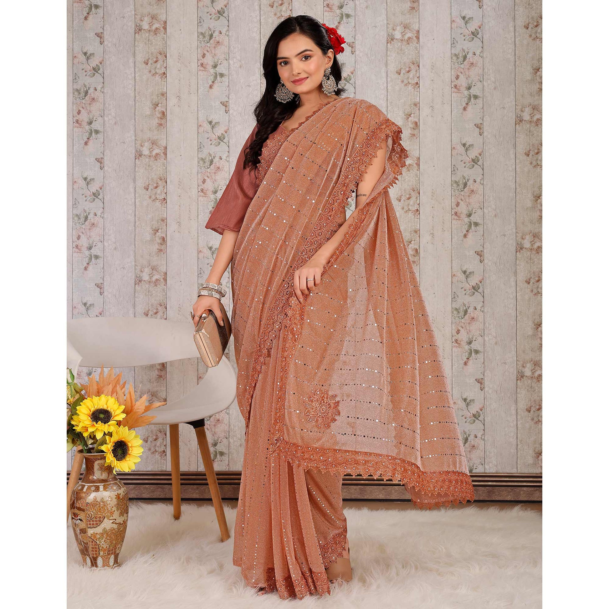 Dusty Peach Tikali With Floral Embroidered Lycra Saree
