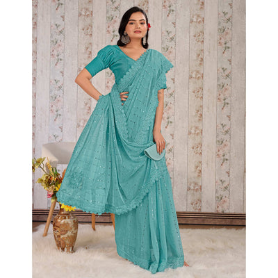 Blue Tikali With Floral Embroidered Lycra Saree