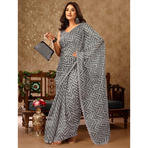 Grey Zig Zag Printed With Stone Work Organza Ready To Wear Saree