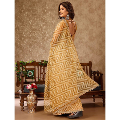 Chikoo Zig Zag Printed With Stone Work Organza Ready To Wear Saree