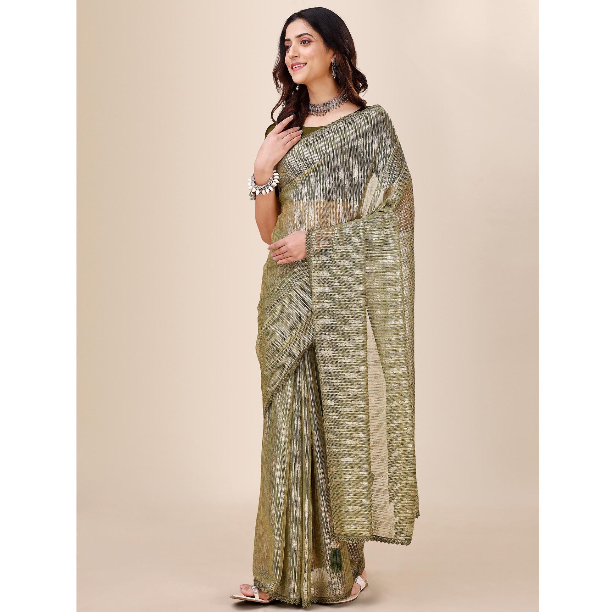 Mehandi Green Foil Printed Lycra Saree