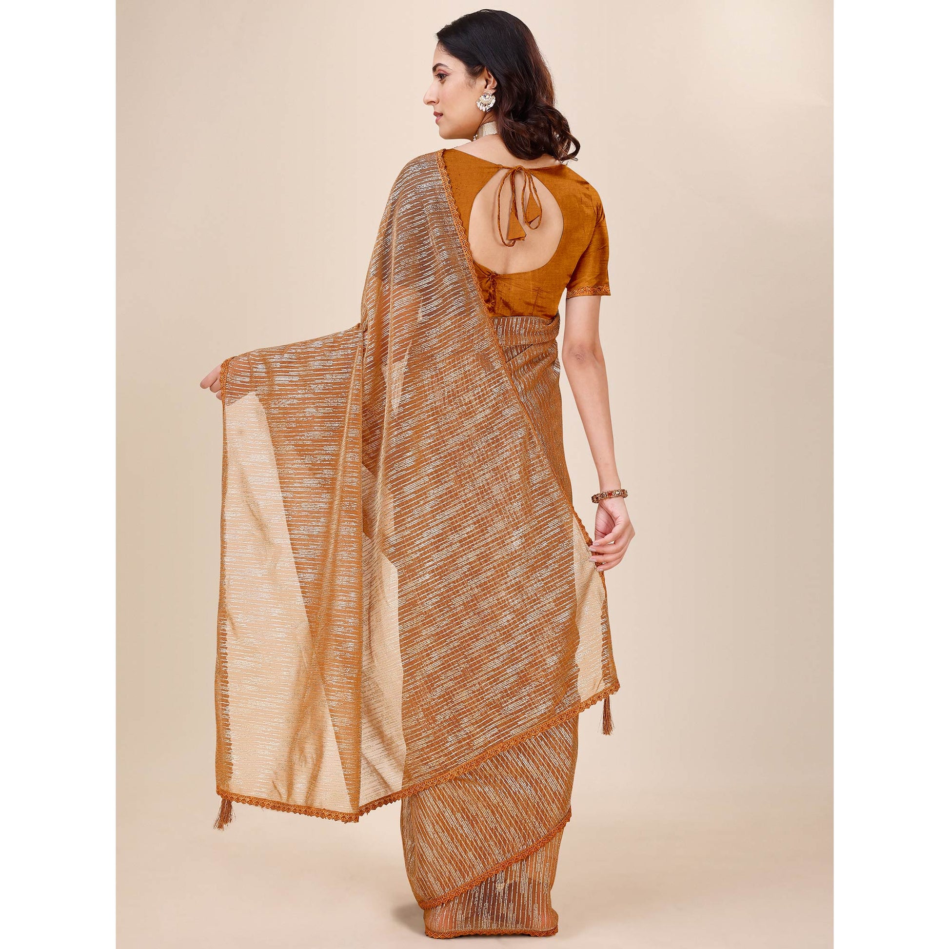 Chikoo Foil Printed Lycra Saree