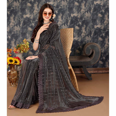 Brown Tikali Work Lycra Saree With Embroidered Lace Border