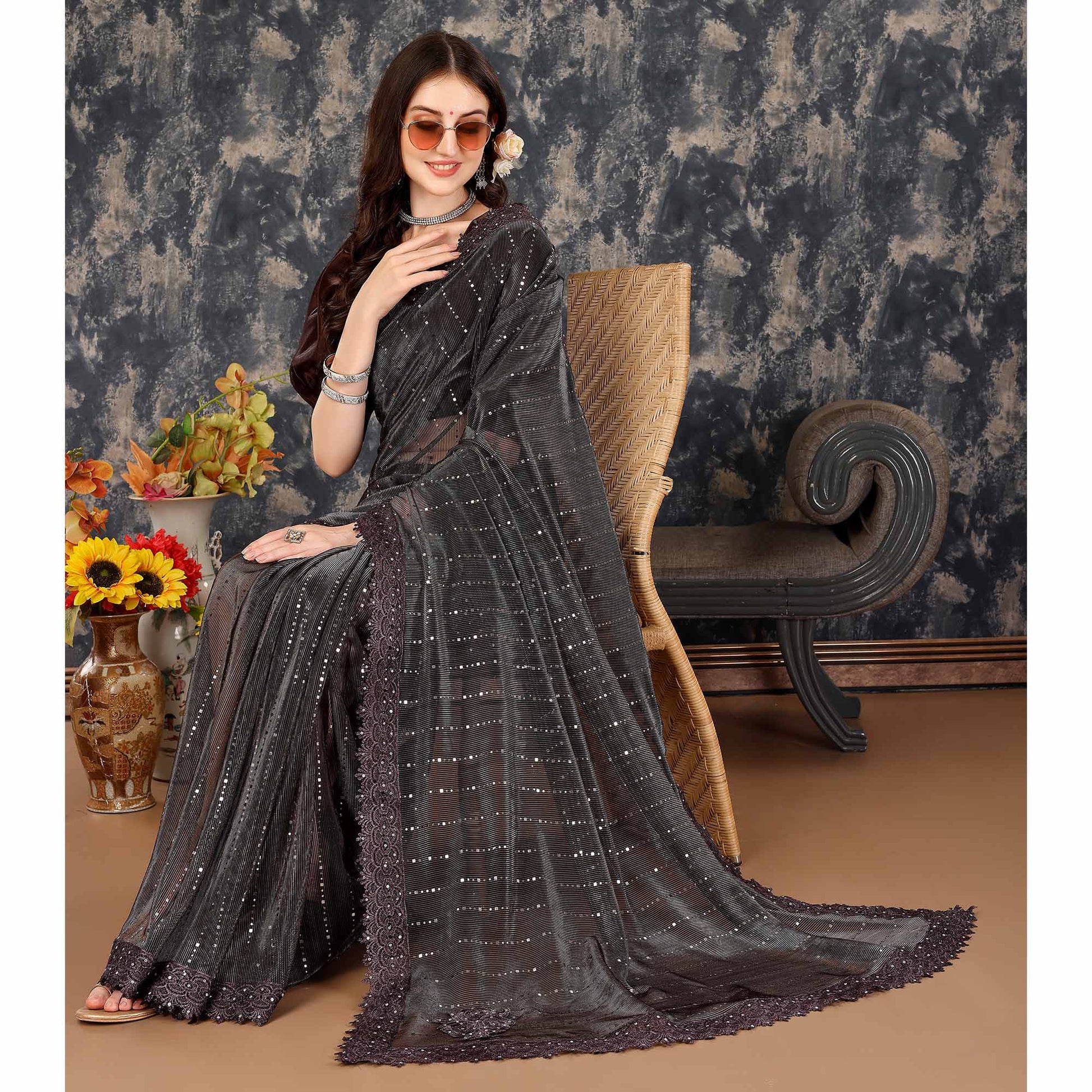 Brown Tikali Work Lycra Saree With Embroidered Lace Border