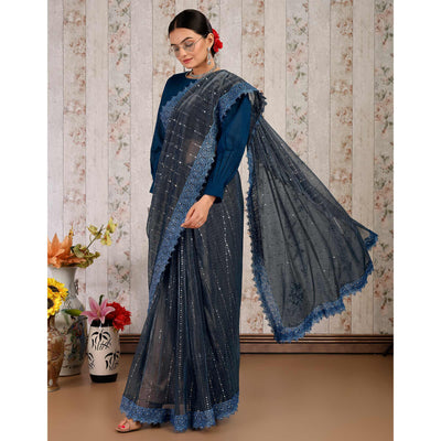 Blue Tikali Work Lycra Saree With Embroidered Lace Border