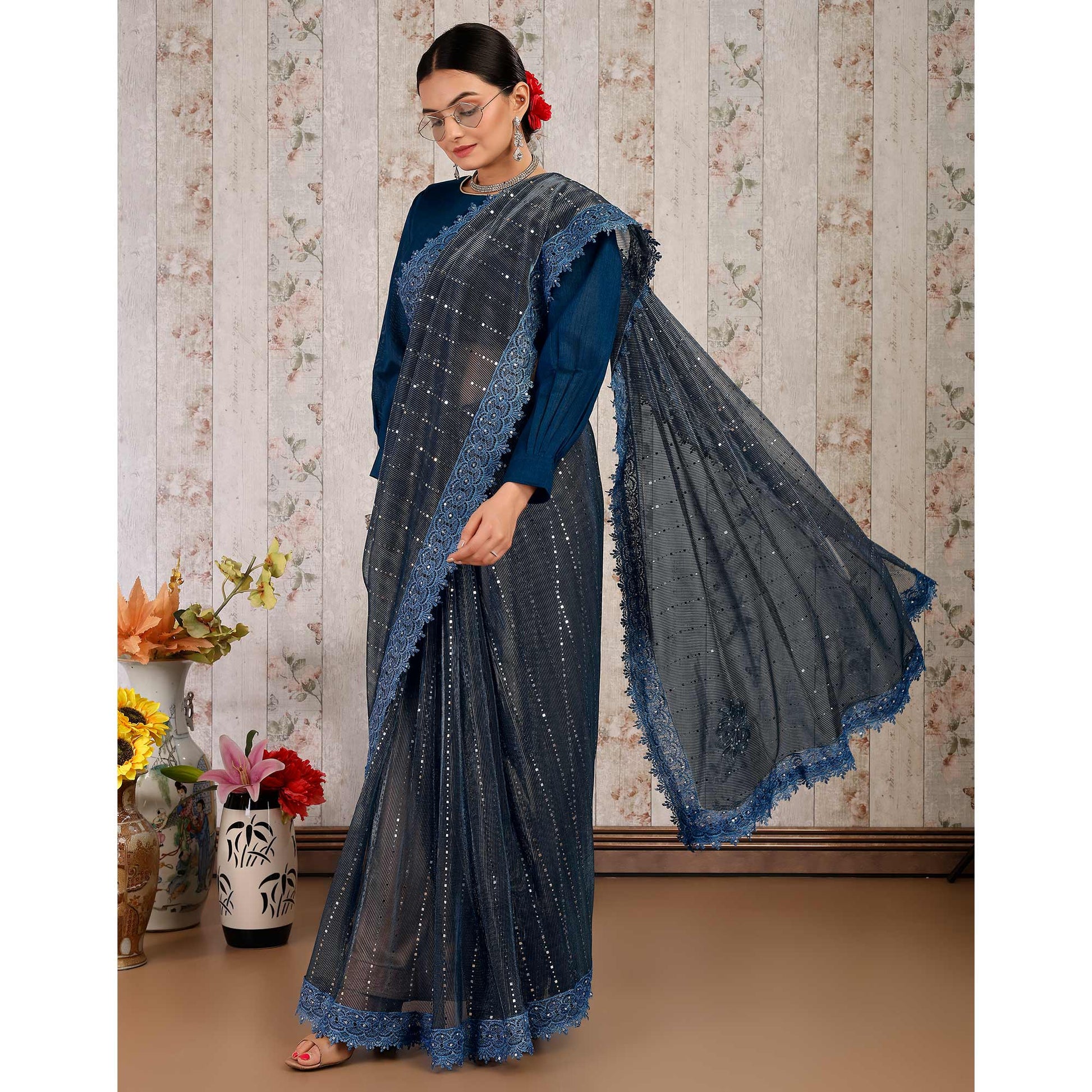 Blue Tikali Work Lycra Saree With Embroidered Lace Border