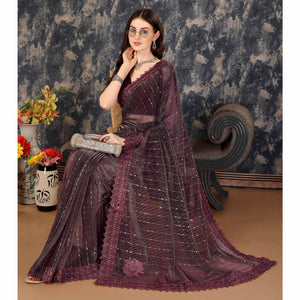 Dark Mauve Tikali Work Lycra Saree With Embroidered Lace Border