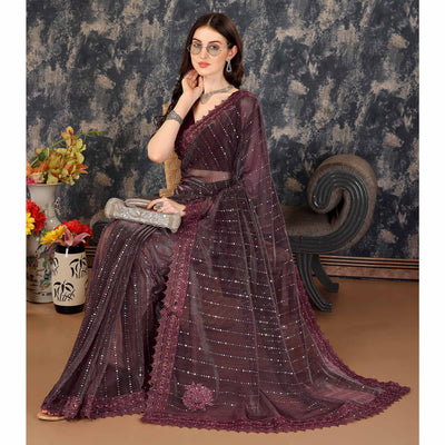 Dark Mauve Tikali Work Lycra Saree With Embroidered Lace Border