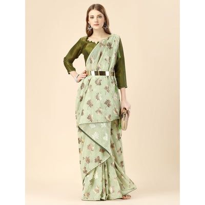 Light Green Floral Foil Printed Rayon Saree