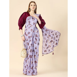 Lavender Floral Foil Printed Rayon Saree