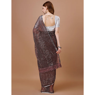 Brown Sequins Embroidered Lycra Saree