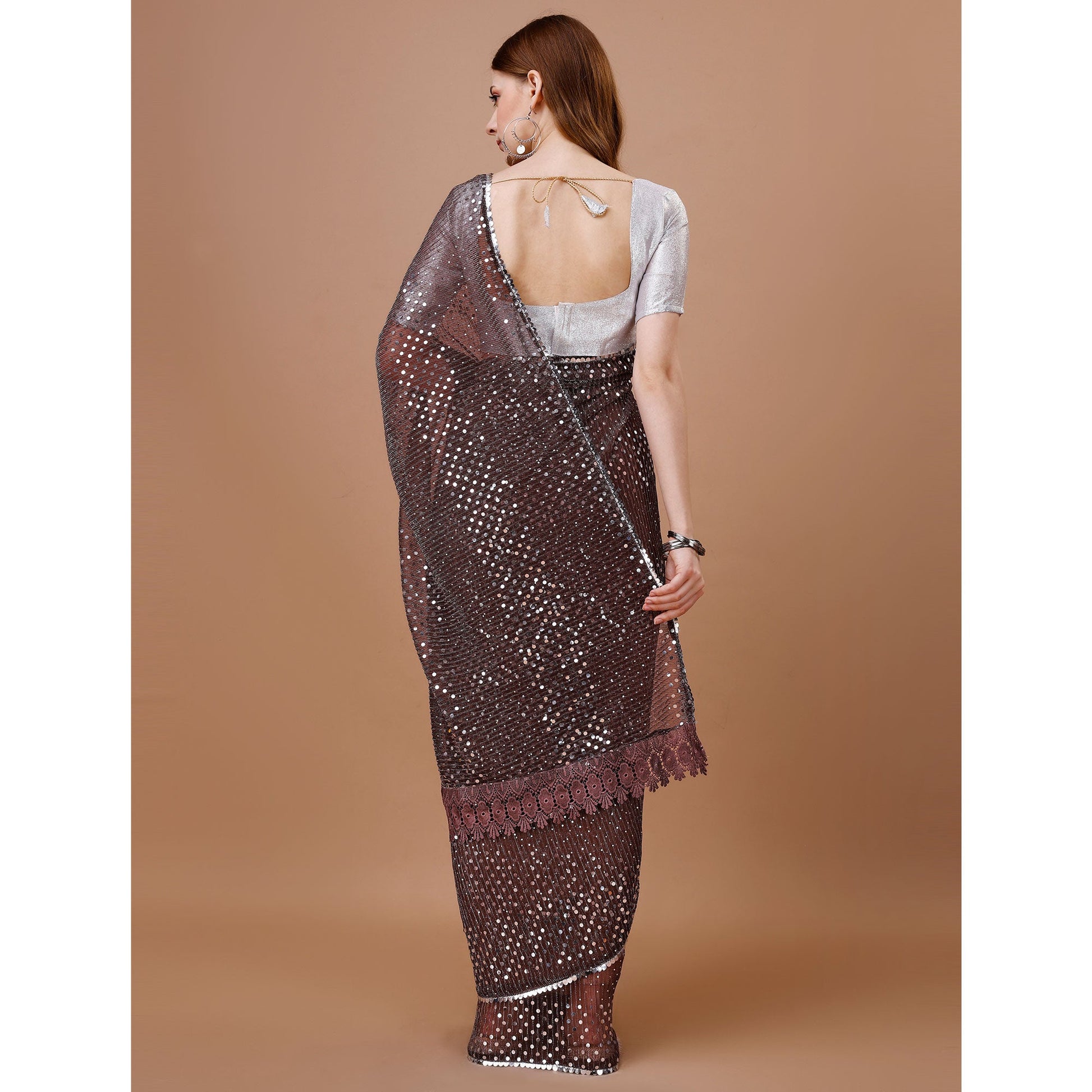 Brown Sequins Embroidered Lycra Saree