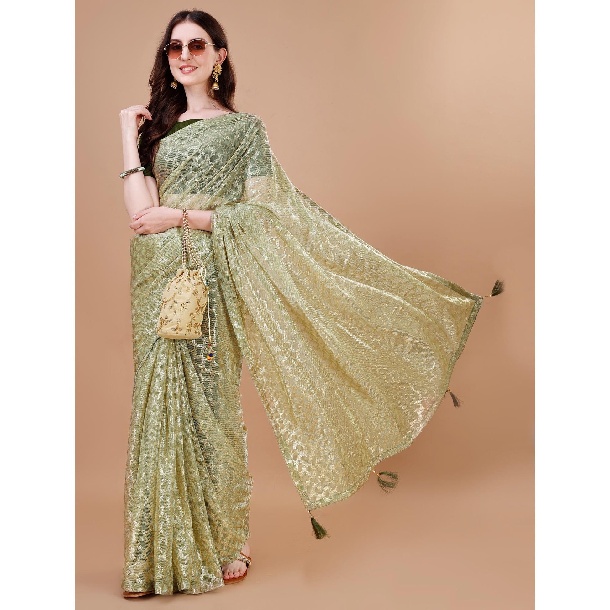 Light Green Foil Printed Lycra Saree