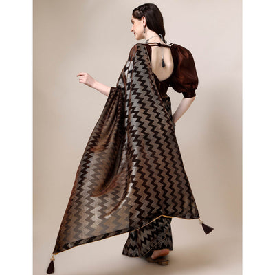 Brown Digital Foil Printed Rayon Saree