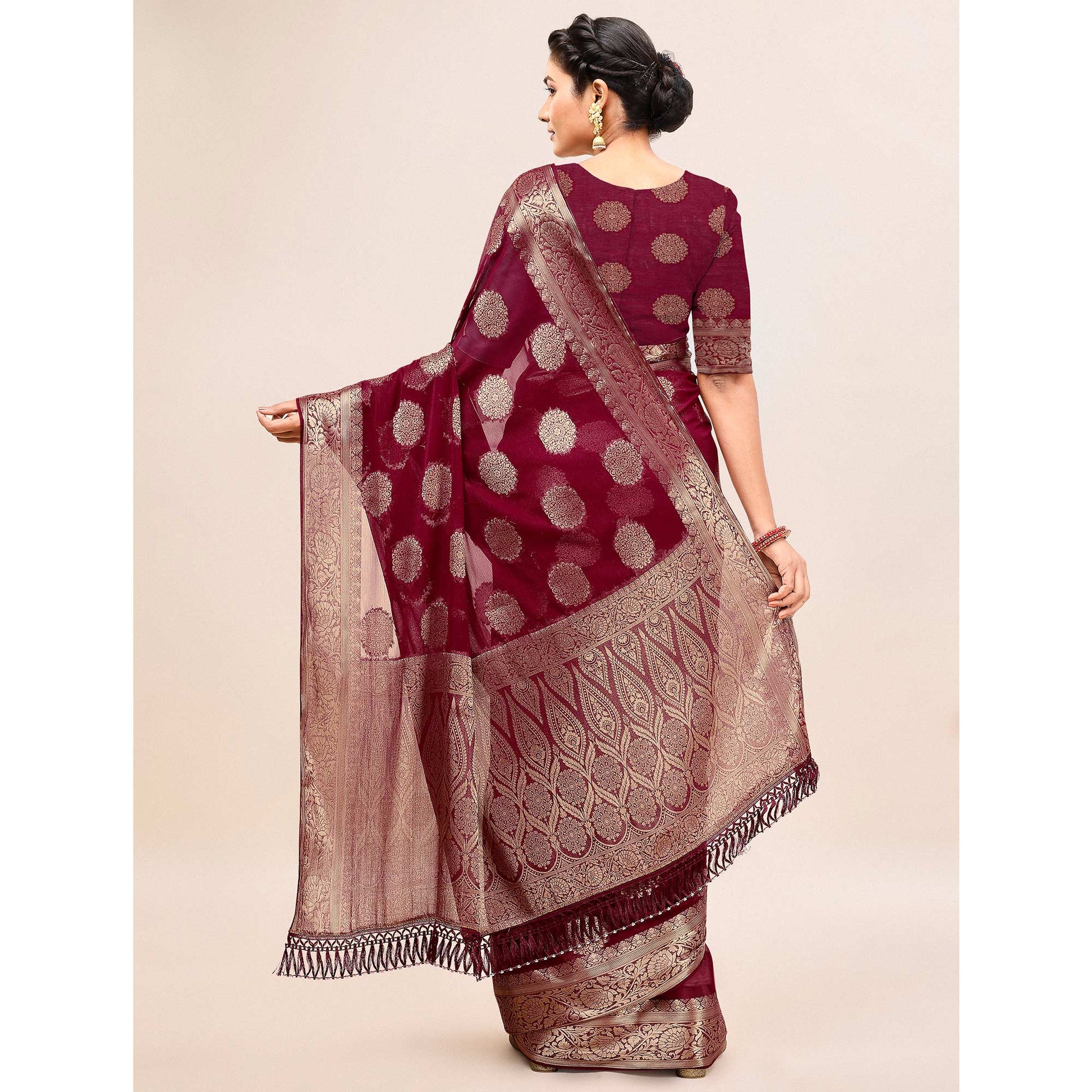 Maroon Woven Chiffon Saree With Tassels