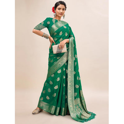 green-woven-chiffon-saree-with-tassels-1