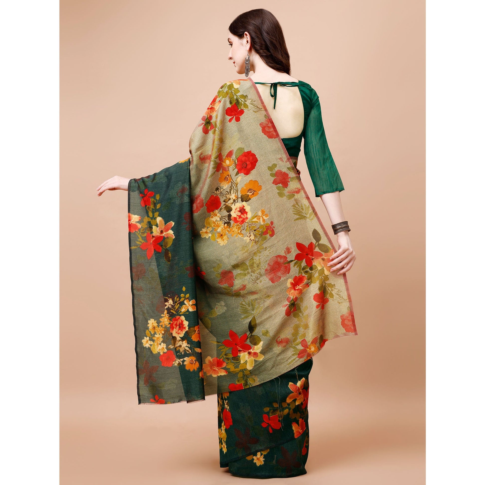 green-brown-floral-printed-vichitra-silk-saree