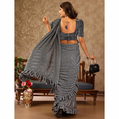 Grey Tikki Work Lycra Ready To Wear Ruffle Saree