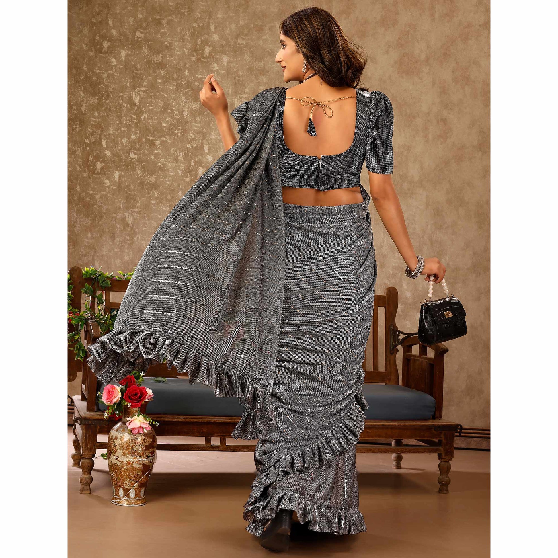 Grey Tikki Work Lycra Ready To Wear Ruffle Saree