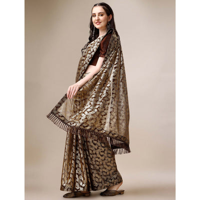 Brown & Gold Foil Printed Rayon Saree