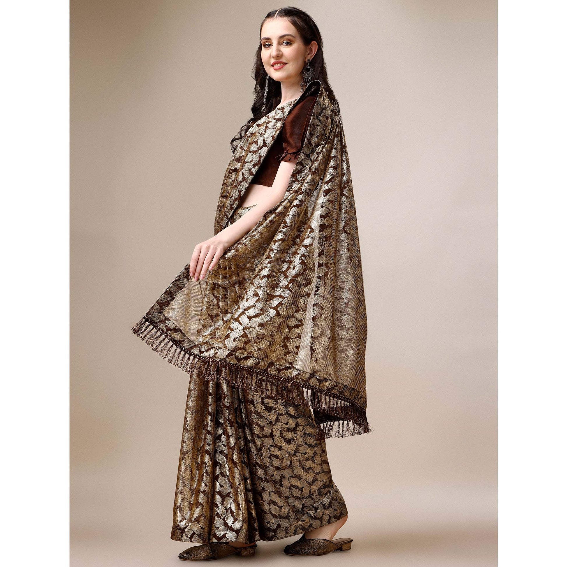 Brown & Gold Foil Printed Rayon Saree