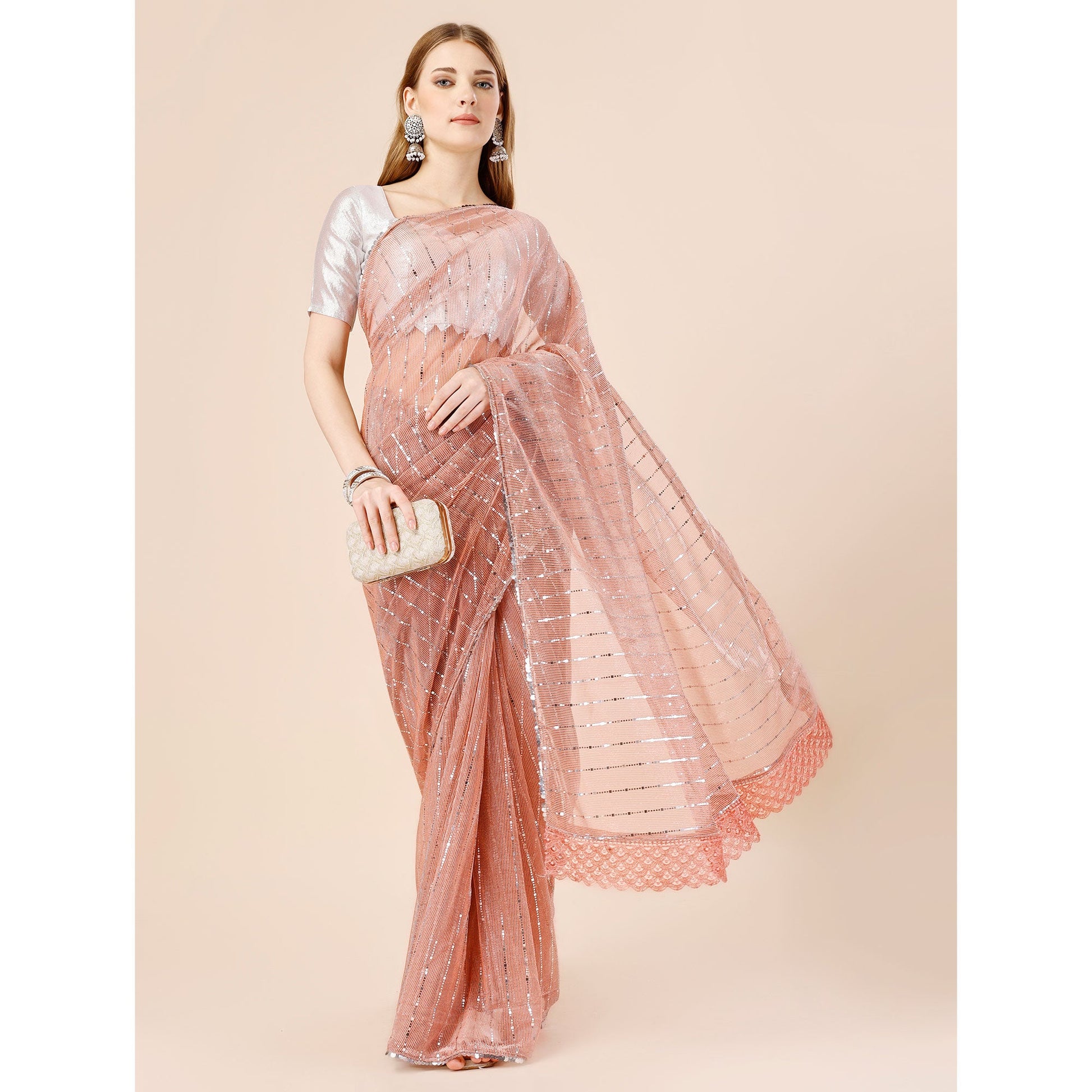 Light Brown Tikki Work Lycra Saree With Embroidered Border