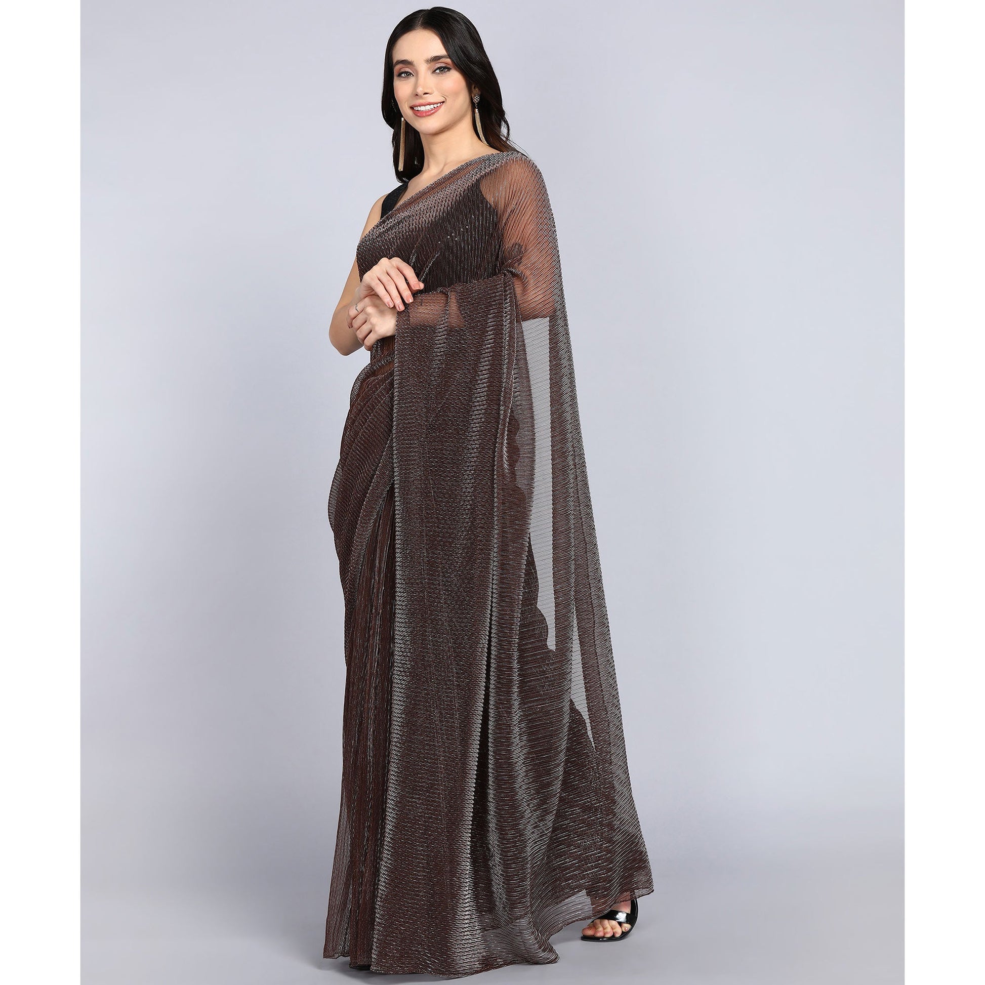 Brown Solid Lycra Crush Saree