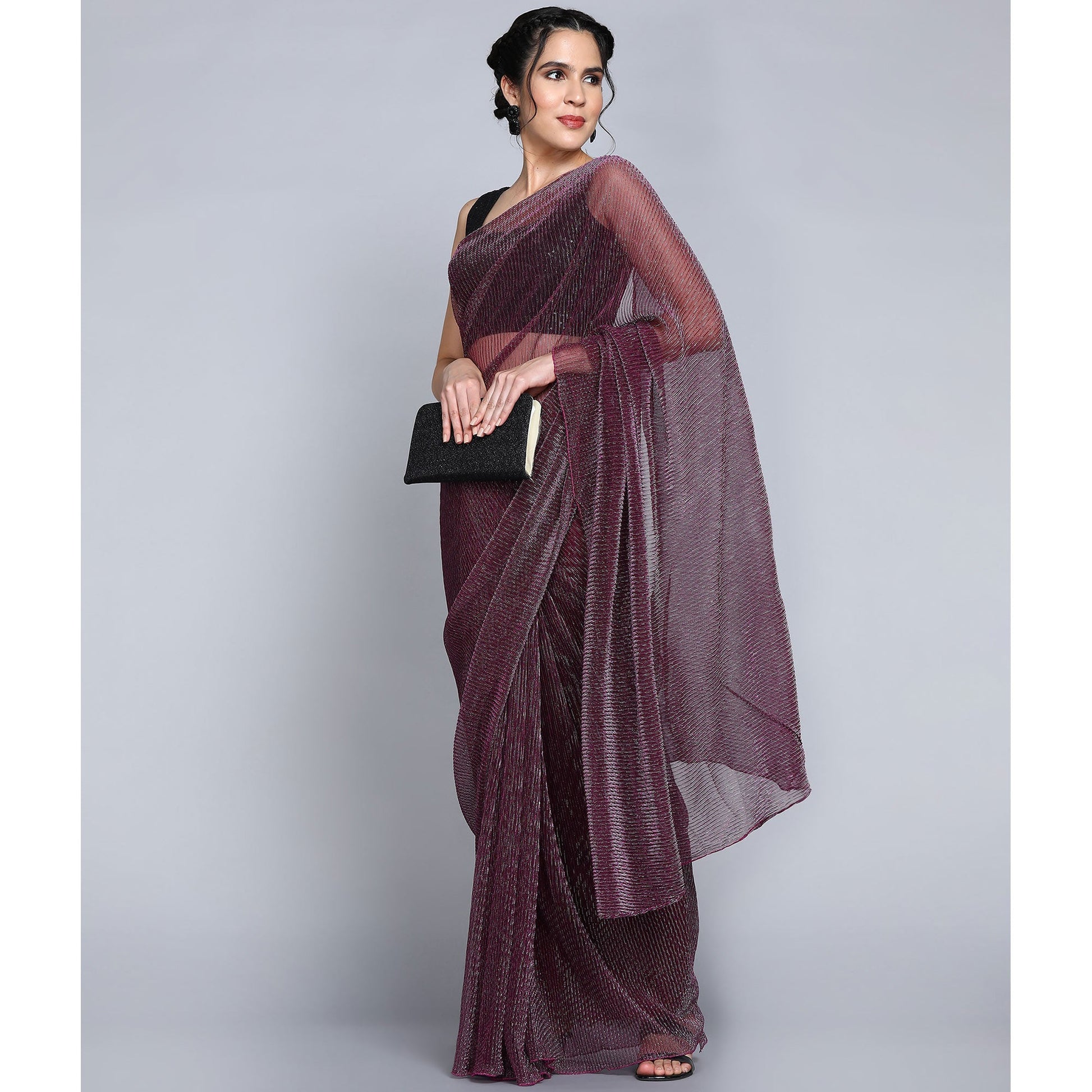 Dark Mauve Solid Lycra Crush Saree
