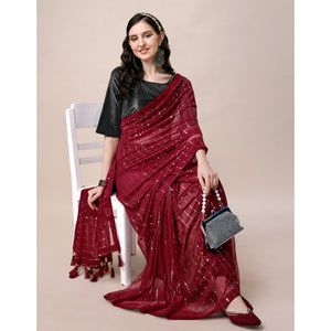 Maroon Striped Foil Printed Rayon Saree