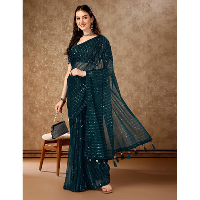 Bottle Green Tikali Work Lycra Saree With Tassels