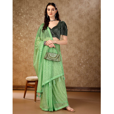 Light Green Tikali Work Lycra Saree With Tassels