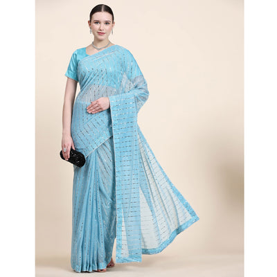 Blue Tikali Work Lycra Saree