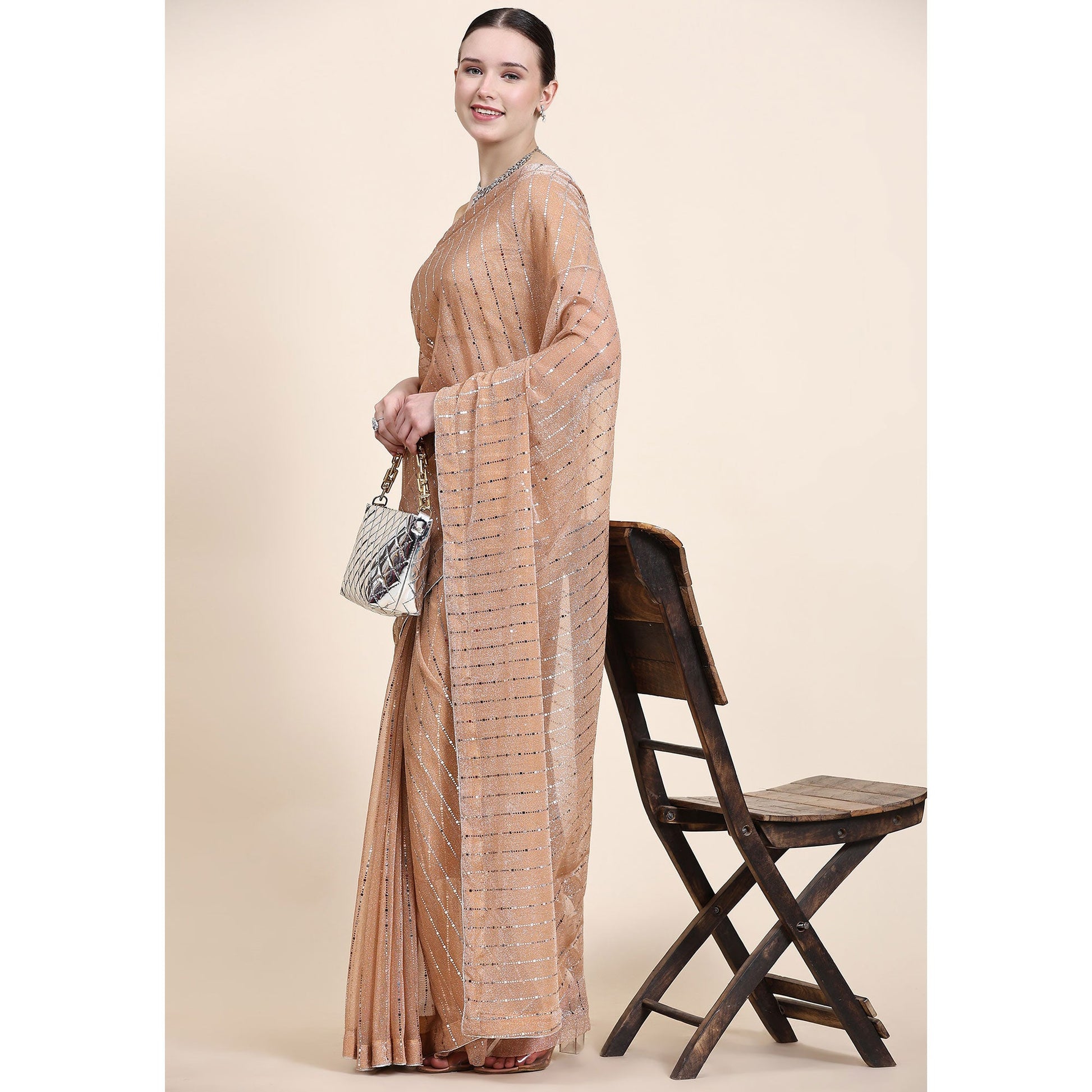 Light Peach Tikali Work Lycra Saree