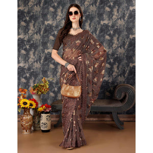 Brown Foil Printed Lycra Saree With Embroidered Lace Border